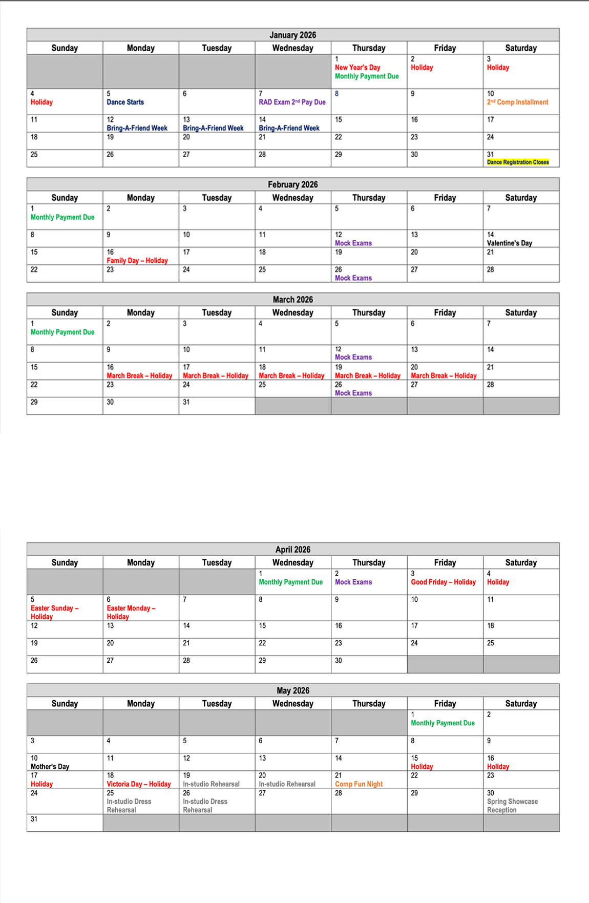 2026 Dance Calendar