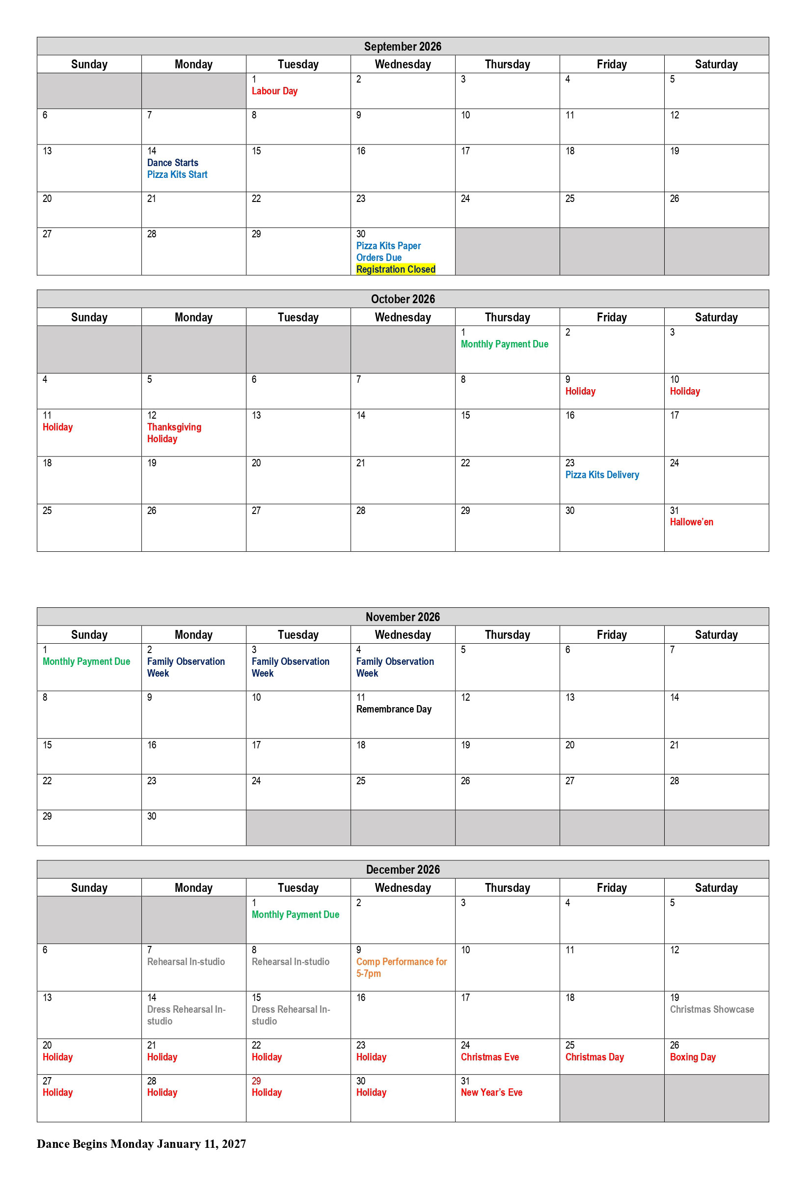 2026 Dance Calendar